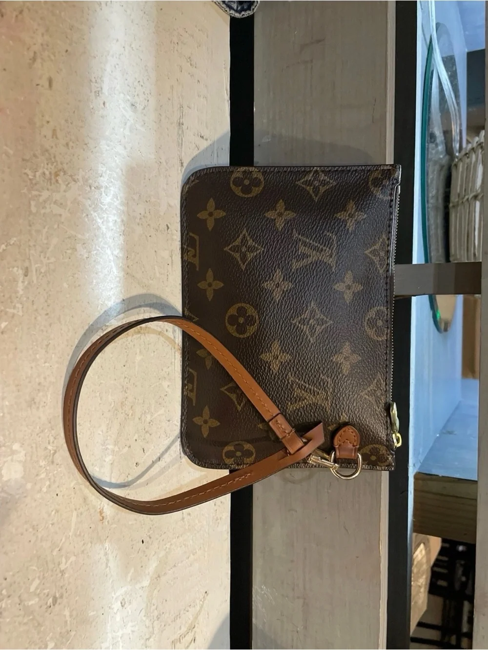 Louis Vuitton Brown Monogram Canvas Wristlet with Tan Strap
